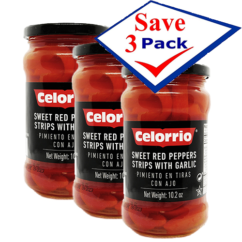 Celorrio Sweet Red Peppers Strips With Garlic 10.2 Oz Pack of 3
